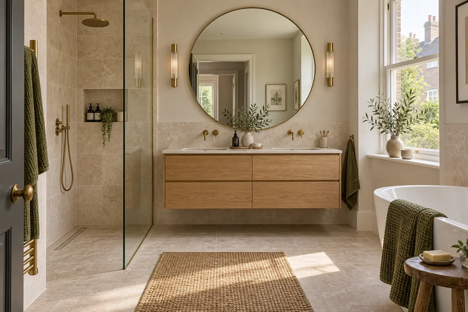 Illustrative bathroom with oak vanity and natural stone finishes