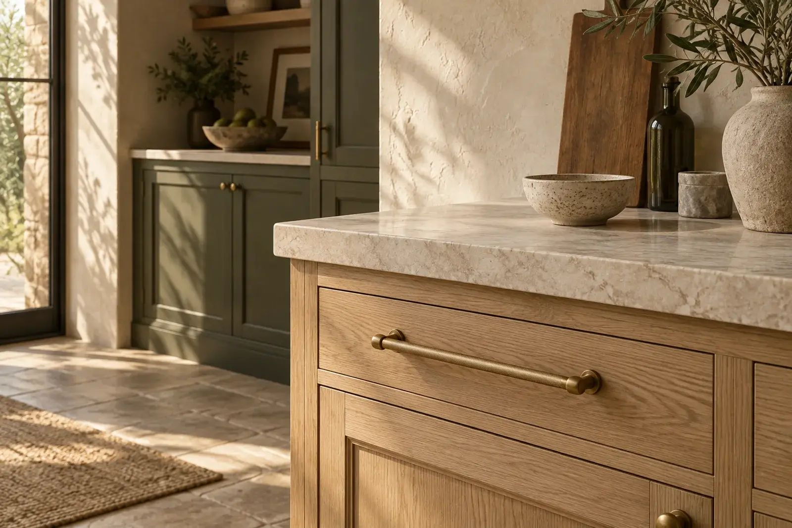Illustrative oak kitchen and stone detail