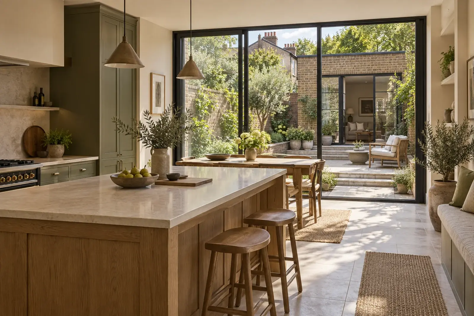 Illustrative sunlit kitchen opening onto a garden extension